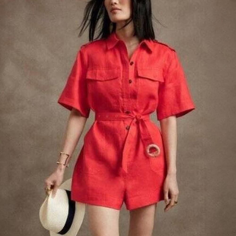 Banana Republic Red Linen Belted Safari Romper Size XXS - Picture 2 of 8